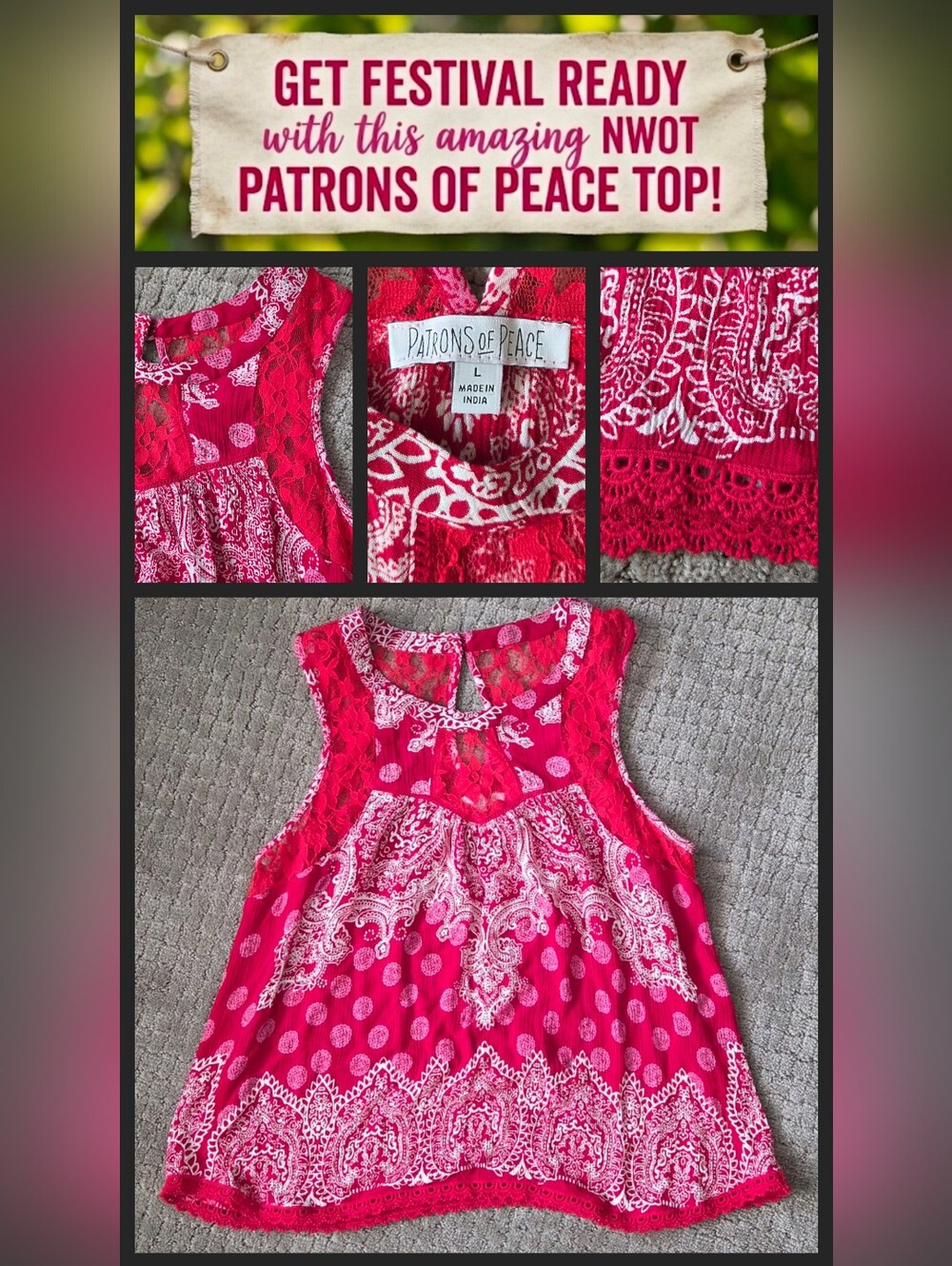 Patrons of Peace Boho Lace Trim Paisley Tank Top Pink Fuchsia Large Festival